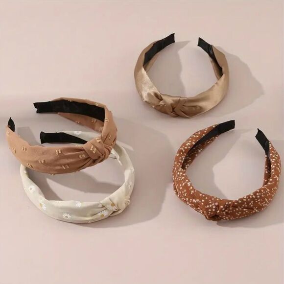 4pcs Retro Brown Daisy Print Braided Hairbands - Picture 4 of 4